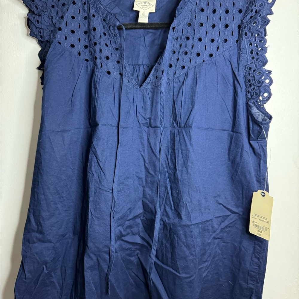 St. John’s Bay Eyelet Flutter Sleeve Blouse - Navy Blue - Size L NWT